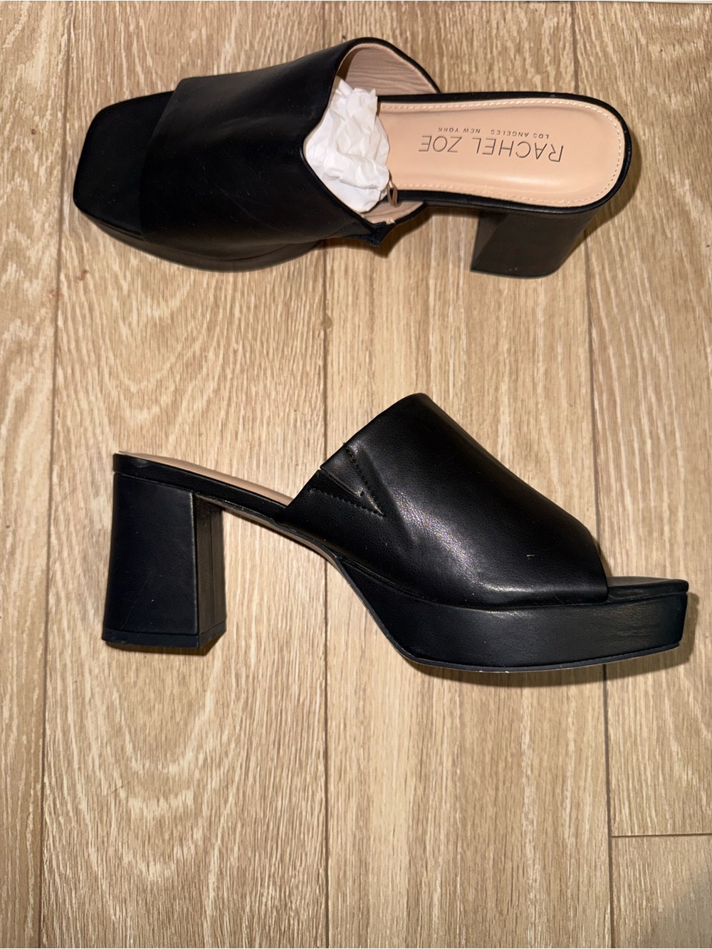 RACHEL ZOE Black Leather Block 90’s Heel Mules | Women’s Size 8